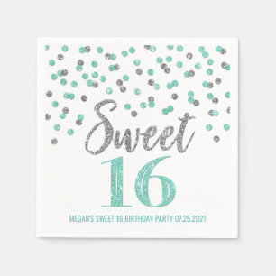 Guardanapo De Papel Turquesa Prata Confetti Sweet 16 Aniversário