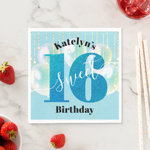 Guardanapo De Papel Turquoise Glitter Sweet 16 Birthday Balloon Script