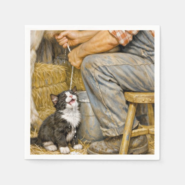Guardanapo De Papel Tuxedo Kitten Drinking Cow Milk (Frente)