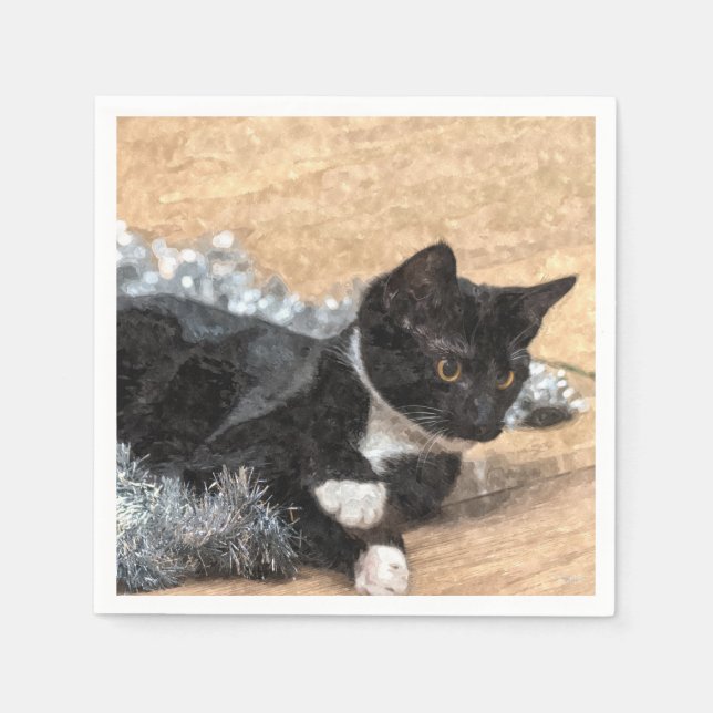 Guardanapo De Papel Tuxedo Kitten Tinsel and Lights Painterly (Frente)