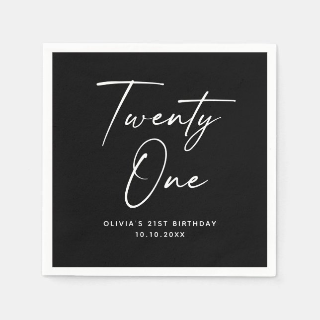 Guardanapo De Papel Twenty One 21st Birthday | Elegant Black Modern (Frente)