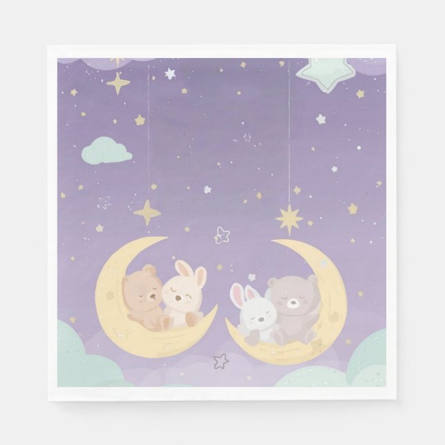 Guardanapo De Papel Twin Baby Shower Napkins Sleeping Animals Moon (Frente)