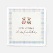 Twins Beary First Birthday Napkins | Pink Blue