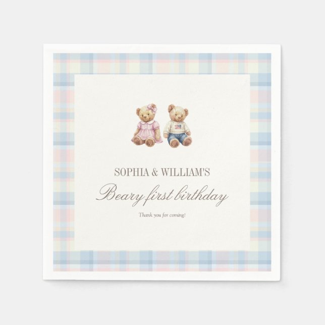 Guardanapo De Papel Twins Beary First Birthday Napkins | Pink Blue (Frente)