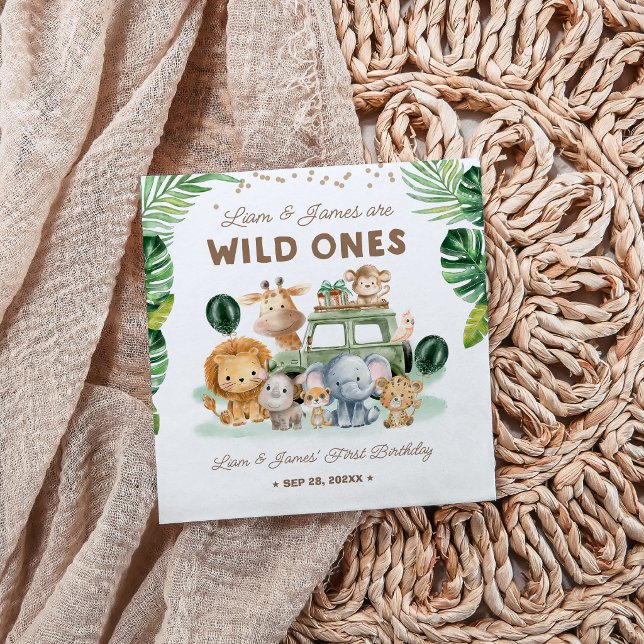 Guardanapo De Papel Twins Wild One 1st Birthday Safari Animals (Criador carregado)