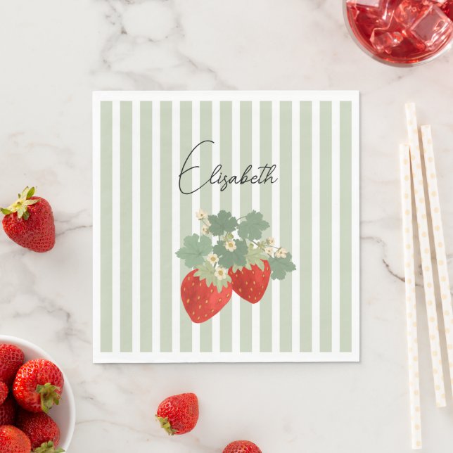Guardanapo De Papel Two Red Strawberries Stripes & Flowers | Fruit (Insitu)