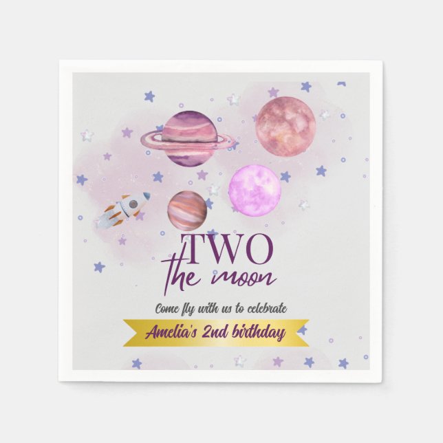 Guardanapo De Papel Two The Moon 2nd Birthday Girl Moon Stars Rocket  (Frente)