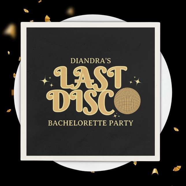 Guardanapo De Papel Última Bachelorette Retro 70s Preto e Dourado do D (Last disco golden retro bachelorette party napkins)