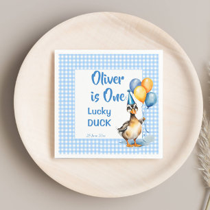 Guardanapo De Papel Um aniversário de gingham azul de pato sortudo imp