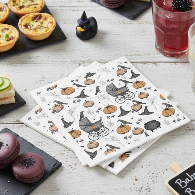 Guardanapo De Papel Um bebê está criando Carruagem branca vitoriana (White Gothic Halloween Baby Shower Paper Napkins. Vintage Baby Carriage, Black Raven, Pumpkin & Web)
