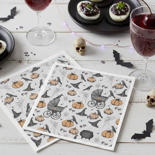 Guardanapo De Papel Um bebê está criando Cinza vitoriana Carruagem (Gray Gothic Halloween Baby Shower Paper Napkins. Vintage Baby Carriage, Black Raven, Pumpkin & Web)
