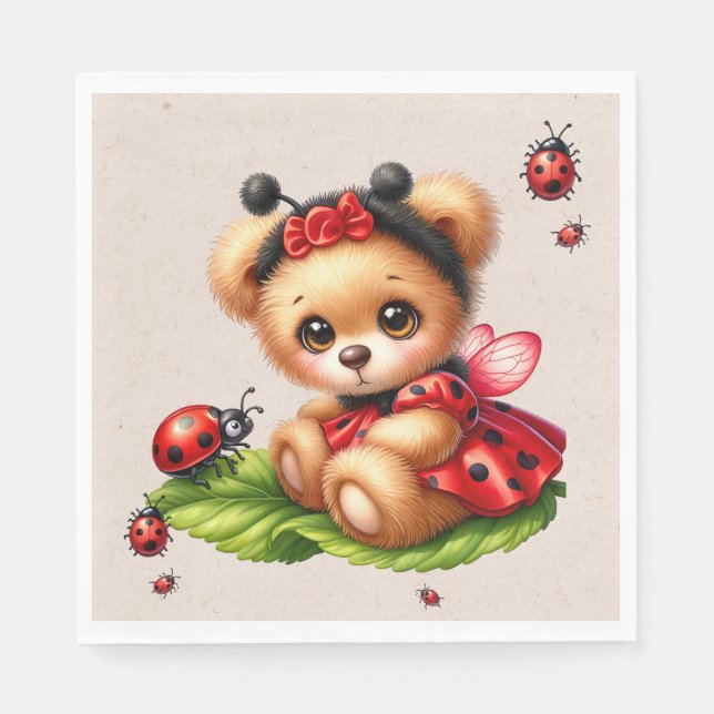 Guardanapo De Papel Um Belo Urso De Teddy Vestido Como Um Ladybug (Frente)