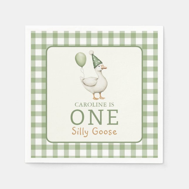 Guardanapo De Papel Um Bobo Goose Gingham primeiro aniversario Napkins (Frente)