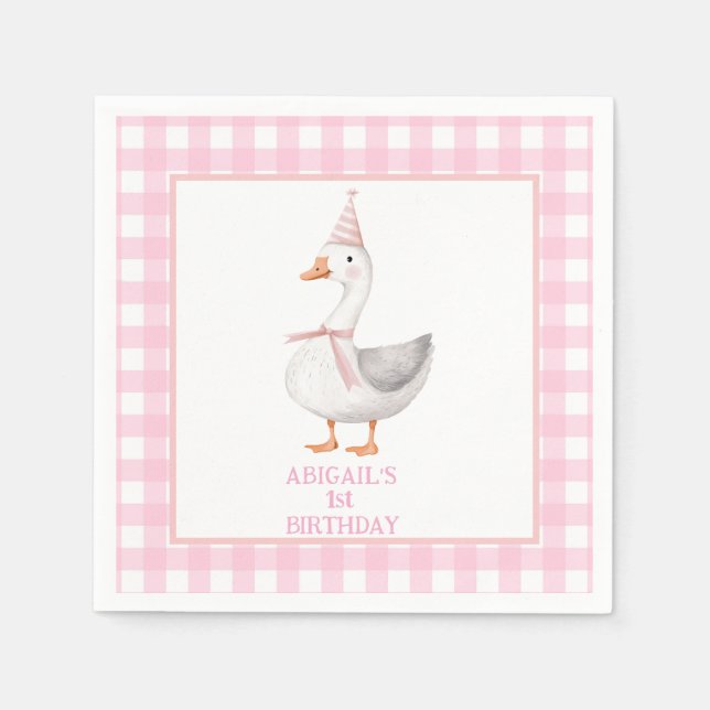 GUARDANAPO DE PAPEL UM BOBO GOOSE PINK GINGHAM PRIMEIRO ANIVERSARIO (Frente)