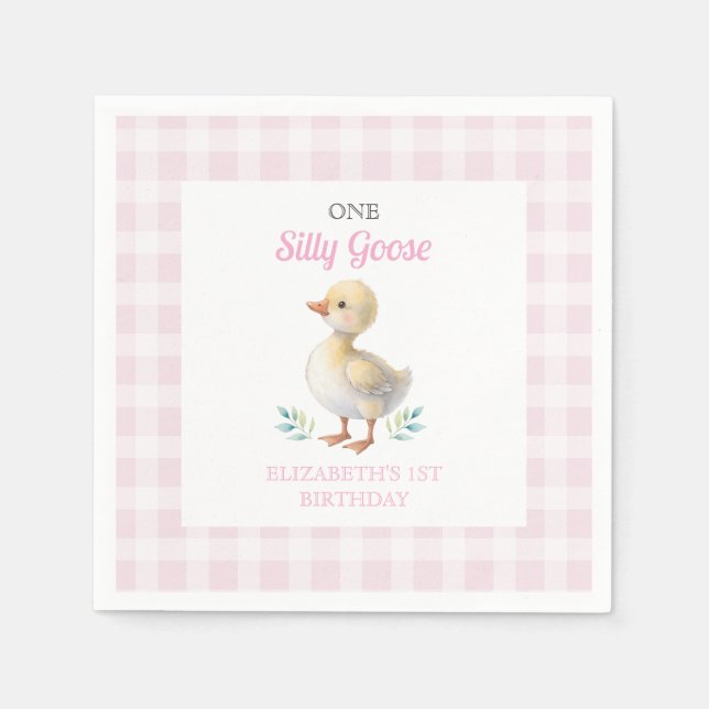 Guardanapo De Papel Um Silly Goose Rosa Xadrez Menina Primeiro Anivers (Frente)
