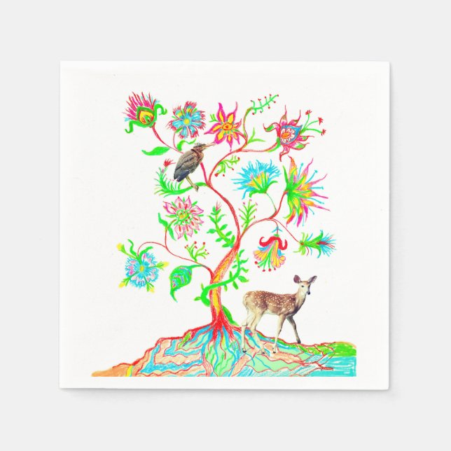 Guardanapo De Papel Uma Árvore da Vida, um Pássaro e uma Fawn (Frente)