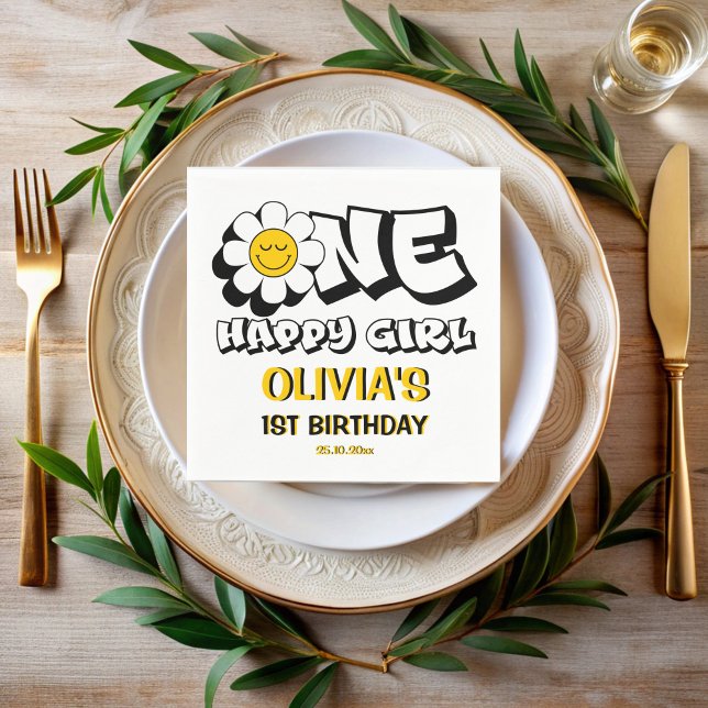 Guardanapo De Papel Uma festa de primeiro aniversario retro de margari (One happy girl retro daisy 1st birthday party monogrammed printed napkins personalized party decor)