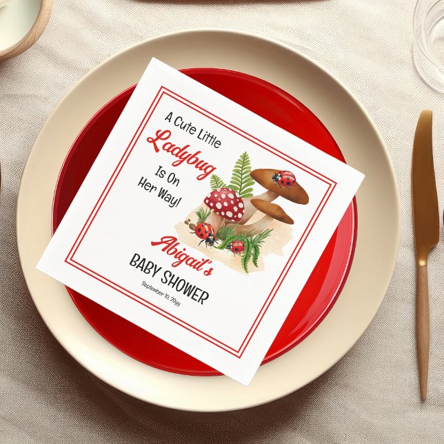 Guardanapo De Papel Uma Pequena Damibuta Bonita Está A Caminho Do Chá  ("A Cute Little Ladybug Is On Her Way!" Girl Baby Shower Paper Napkins)