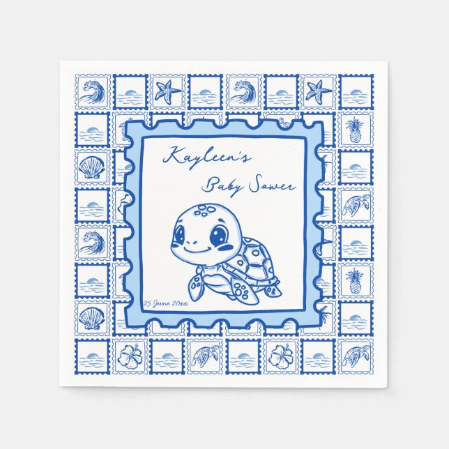 Guardanapo De Papel Under the sea turtle retro post stamp monogrammed (Frente)