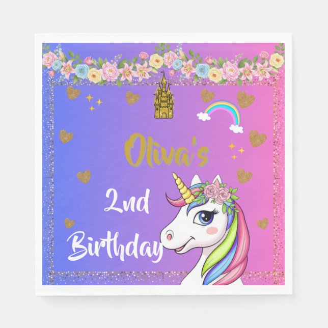 Guardanapo De Papel Unicorn Birthday Napkins | Rainbow Unicorn Party (Frente)