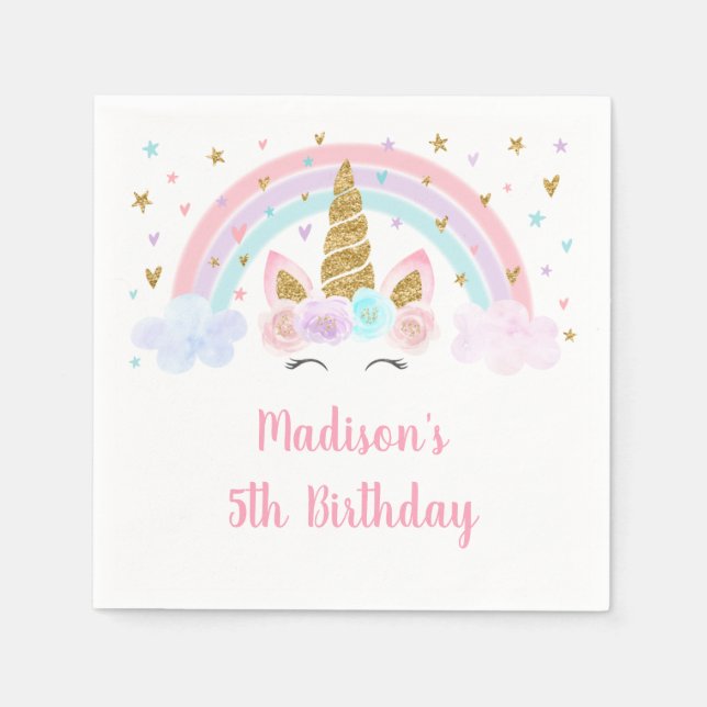 Guardanapo De Papel Unicorn Rainbow Pink Dourado Birday (Frente)