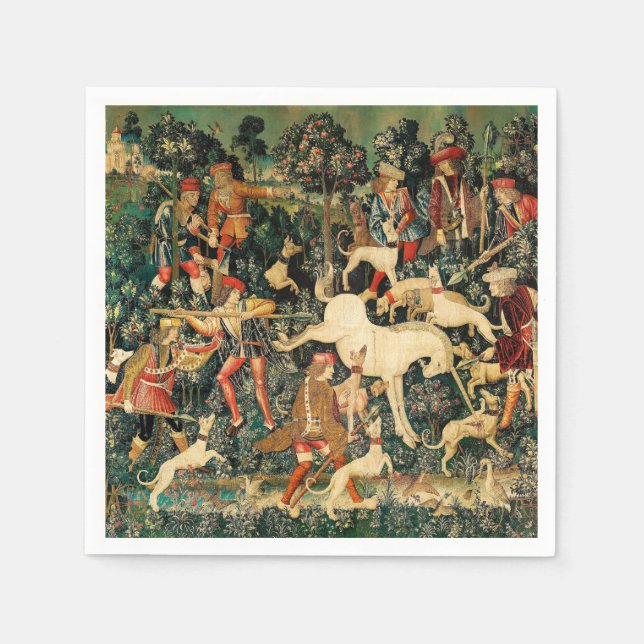 Guardanapo De Papel Unicórnio Tapestries Clássico Medieval Defende Caç (Frente)