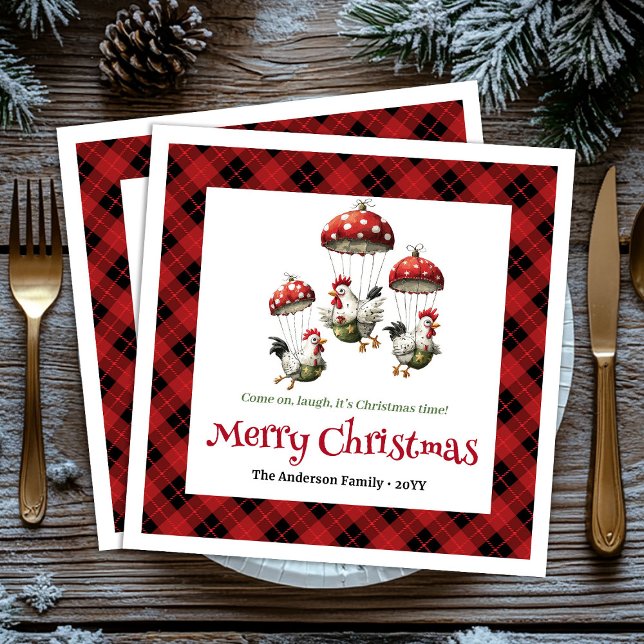 Guardanapo De Papel Unique Funny Chickens Editable Custom Name Holiday (Sweet Whimsical Chickens Personalized Red Green Cartoon Christmas Napkins

)