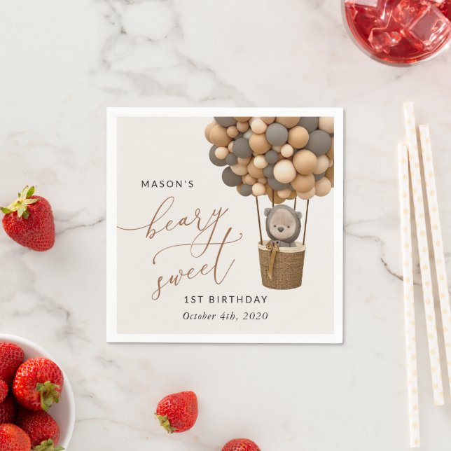 Guardanapo De Papel Urso Bastante, Balões Marrons, Primeiro Aniversári (Insitu)