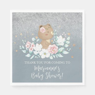 Guardanapo De Papel Urso Chuveiro de Bebê Floral Brilho Azul Muted