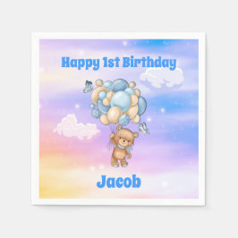 Guardanapo De Papel Urso de Balões Azuis para 1º Aniversário