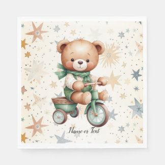 Guardanapo De Papel Urso de Pelúcia Aquarela Estrelas Bicicleta Verde