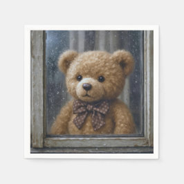Guardanapo De Papel Urso de Pelúcia Olhando pela Janela Chuvosa