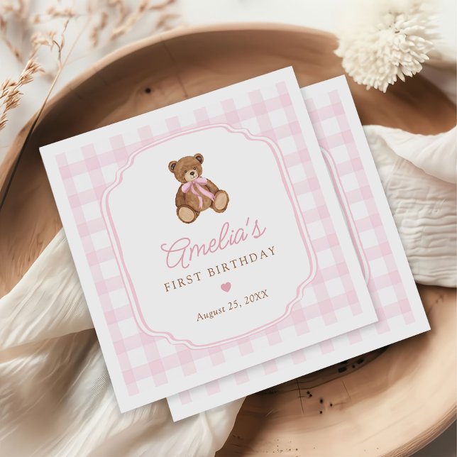 Guardanapo De Papel Urso de pelúcia xadrez rosa aniversário de um ano (Criador carregado)