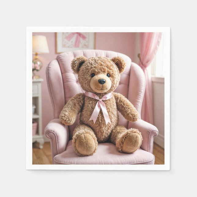 Guardanapo De Papel Urso De Teddy Com Arco Rosa (Frente)