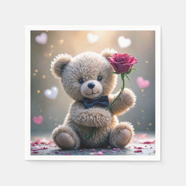 Guardanapo De Papel Urso De Teddy Com Rosa vermelha (Frente)