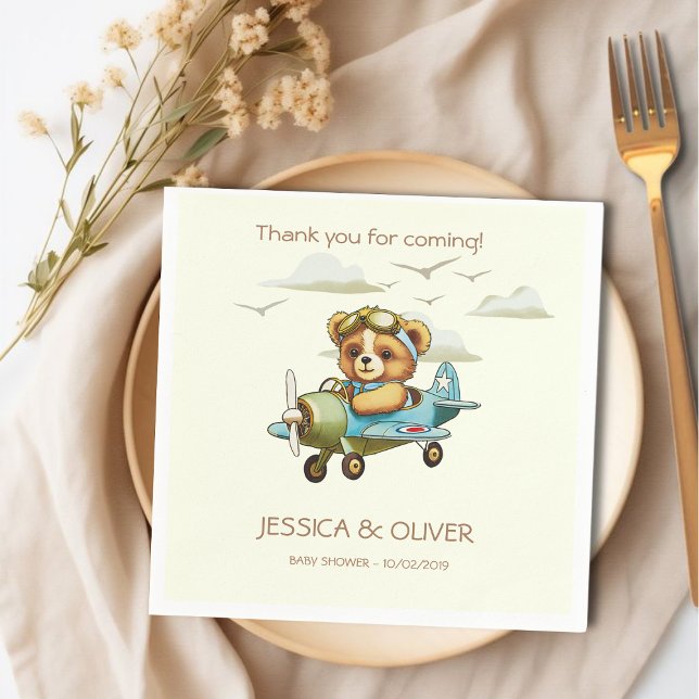 Guardanapo De Papel Urso de Teddy Piloto de Avião a Aquarela (Whimsical Watercolor Airplane Pilot Teddy Bear Napkins)