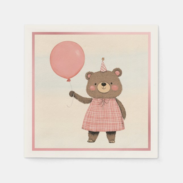 Guardanapo De Papel Urso de vestimenta rosa com Xadrez e Arco (Frente)