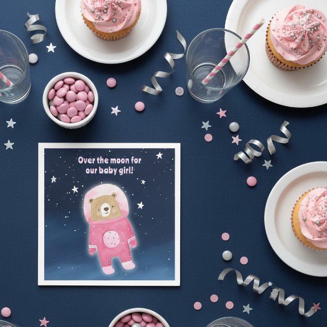 Guardanapo De Papel Urso Espacial Rosa Sobre o céu azul-lua estrelado (Pink space teddy bear it's a girl gender reveal, baby shower, party napkin.)