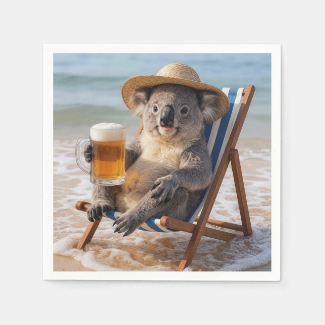 Guardanapo De Papel Urso Koala Com uma Cerveja na Praia (Frente)