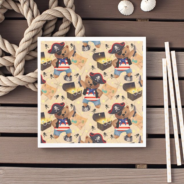 Guardanapo De Papel Urso pirata (Adorable pirate bear napkin with maps and treasure chests, perfect for kids’ pirate party fun.)