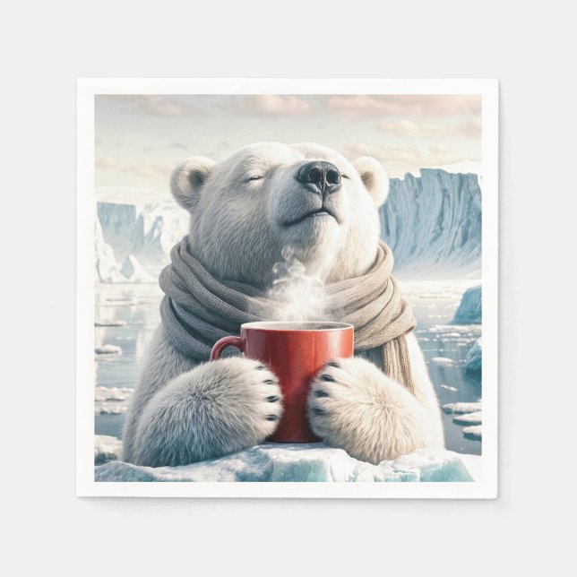 Guardanapo De Papel Urso Polar Com Mug De Café Vermelho (Frente)
