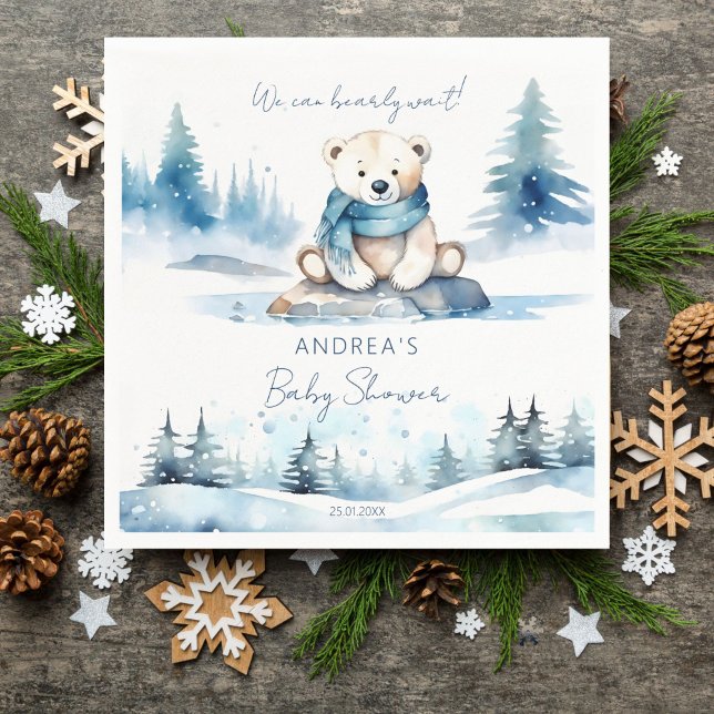Guardanapo De Papel Urso-Polar Inverno Urso Carruagem chá de fraldas (Polar bear winter bearly wait baby shower tableware personalized template napkins cute white teddy)