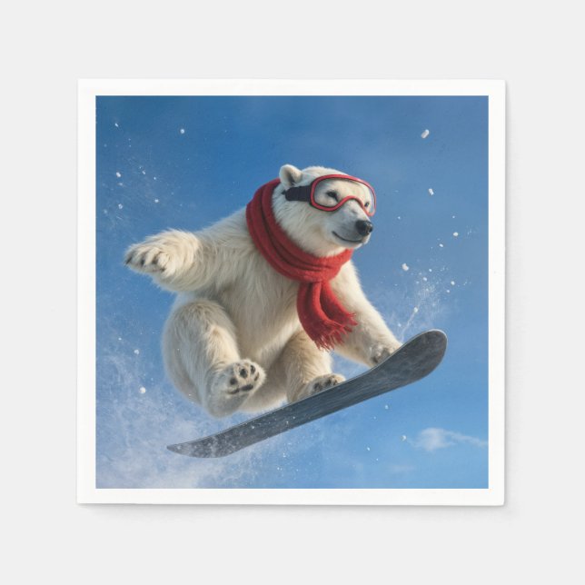 Guardanapo De Papel Urso Polar no Ar em uma Snowboard (Frente)