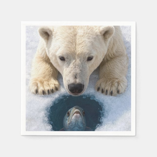 Guardanapo De Papel Urso Polar Olhando para um Peixe (Frente)