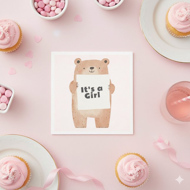 Guardanapo De Papel urso segurando um sinal de chá de fraldas rosa fof (Pink it's a girl teddy bear baby shower gender reveal napkin)