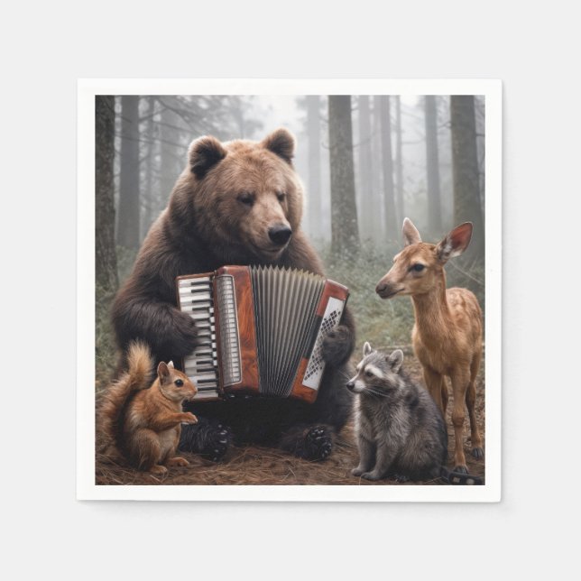 Guardanapo De Papel Urso Tocando Acordeão para Amigos da Floresta (Frente)