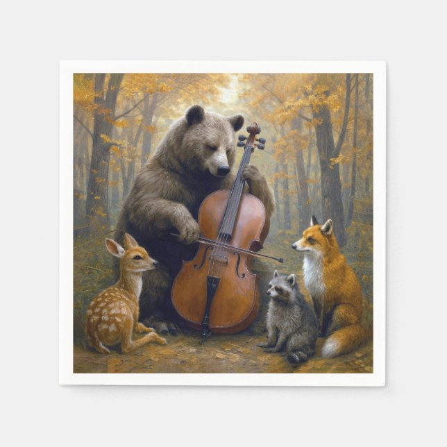 Guardanapo De Papel Urso Tocando Violoncelo em Bosque de Outono (Frente)