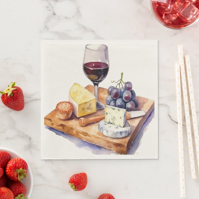 Guardanapo De Papel Uvas De Vinho Queijo Vidro Aquarela (Insitu)