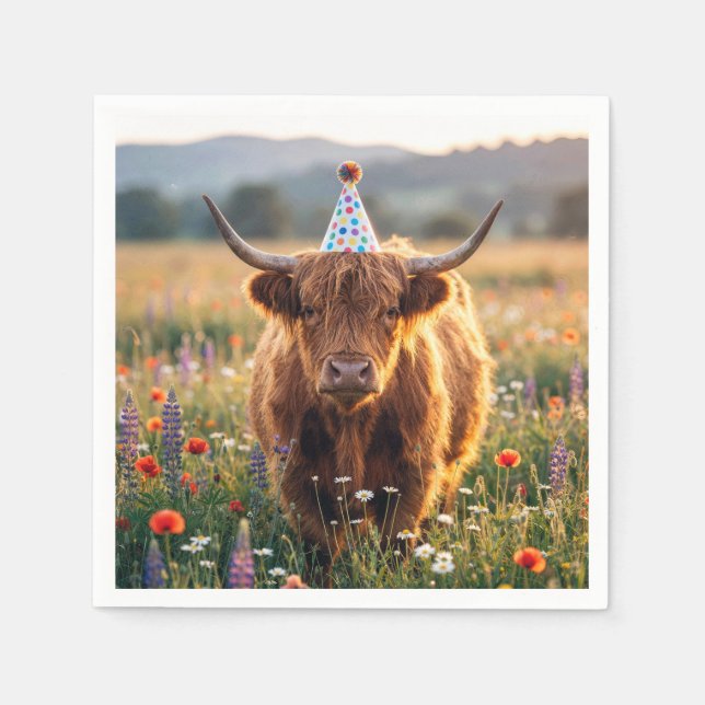Guardanapo De Papel Vaca das Terras Altas com chapéu de festa de anive (Frente)