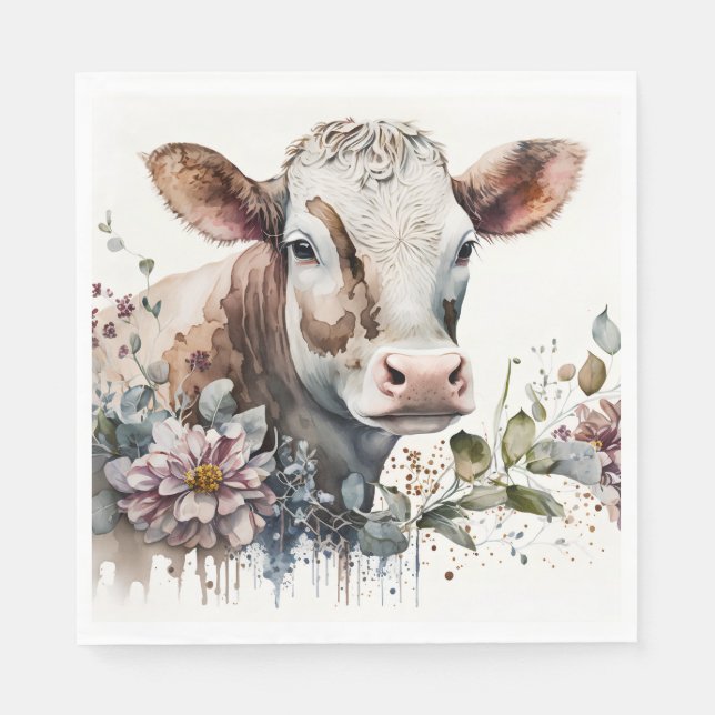 Guardanapo De Papel Vaca De Aquarela Em Flores Selvagens (Frente)